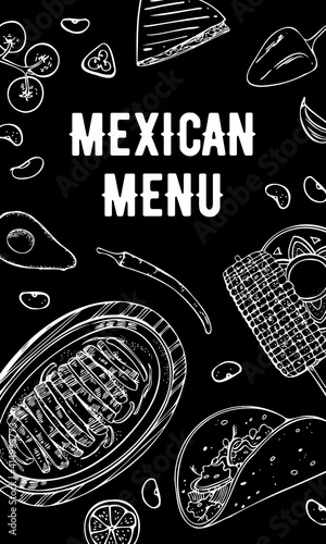 Mexican menu vertical flyer design template. Traditional dishes and vegetables. Hand drawn outline vector sketch illustration. White on black background