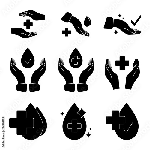 Hand with water drop and medical cross. Medically approved labels. Clinically tested insignia stamp. Antibacterial icons. Skin care sign. Badges of hypoallergenic package label. Vector