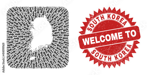 Vector collage South Korea map of navigation arrows and rubber Welcome badge. Collage geographic South Korea map designed as carved shape from rounded square shape with direction arrows.