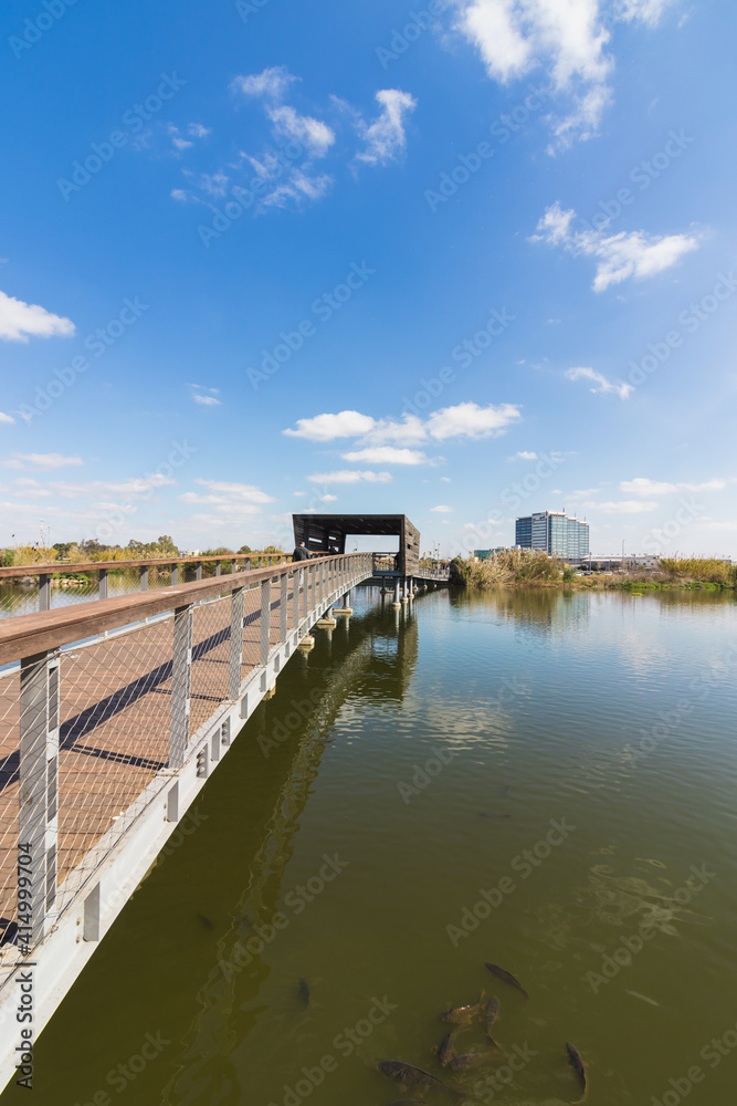 A large water pool with a wooden promenade on it, in the ecological park in Hod Hasharon - Israel A large water pool with a wooden promenade on it, in the ecological park in Hod Hasharon - Israel