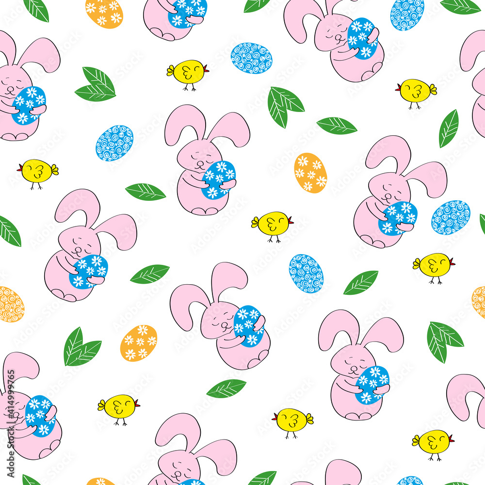 Seamless pattern with cute bunnies, leaves and painted eggs for Easter. Suitable for web, fabric, banner, packaging, postcards, invitations, greetings.