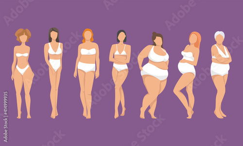 Different figures of women in underwear, positive body movement. Body types and sizes, wearing underwear standing in a row. lingerie designer for body positivity.