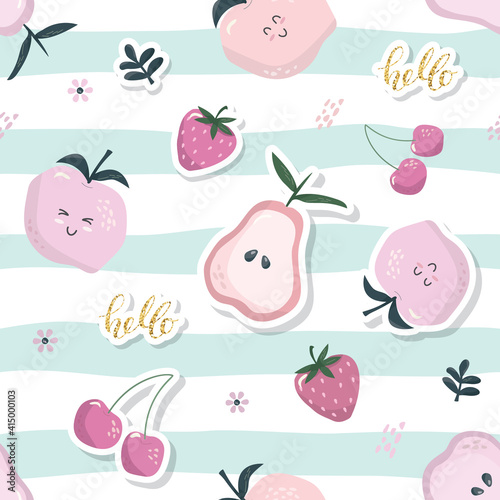 Cartoon seamless pattern. Summer fruit background. Girly. Vector