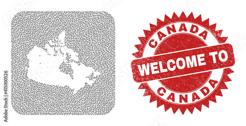 Vector collage Canada map of navigation arrows and rubber Welcome badge. Collage geographic Canada map constructed as hole from rounded square shape with movement arrows.