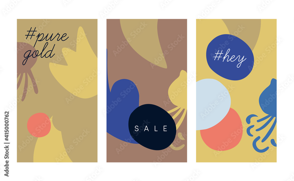 Modern abstract set of trendy sale stories web banners social media posts design elements. Organic shapes earthy yellow golden color. Quirky unique flower circle dots motif. Shop window poster banner 