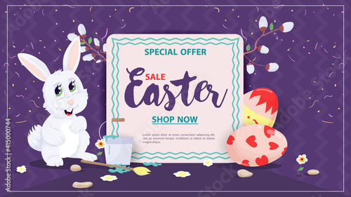 Easter Banner sale Rabbit and painted eggs next to the text sign flat vector illustration for holiday design decoration purple background