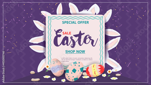 Easter Banner sale Rabbit ears sticking out of text sign flat vector illustration for holiday design decoration purple background
