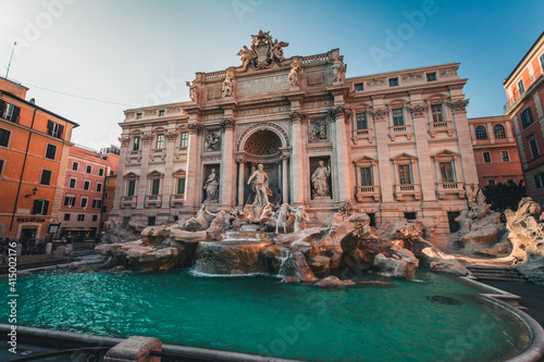 Rome, Trevi Fountain. Sunset colors at spring season.