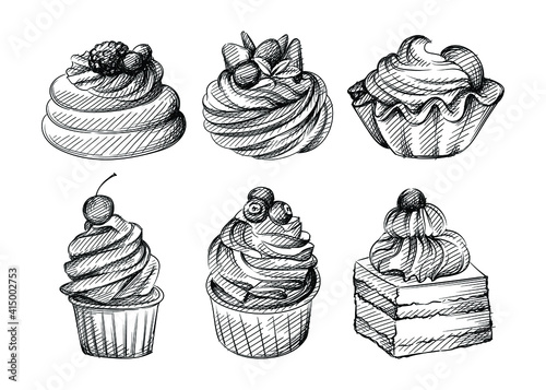 Hand drawn sketch set of different cupcakes with berries, fruits and nuts on a white background. Cupcakes, dessert, Sweets. Muffin.