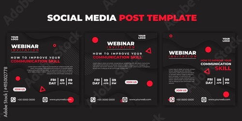 Social media post template. Set of Social media dark fluid concept design. Webinar invitation banner with glow red and white in the dark.