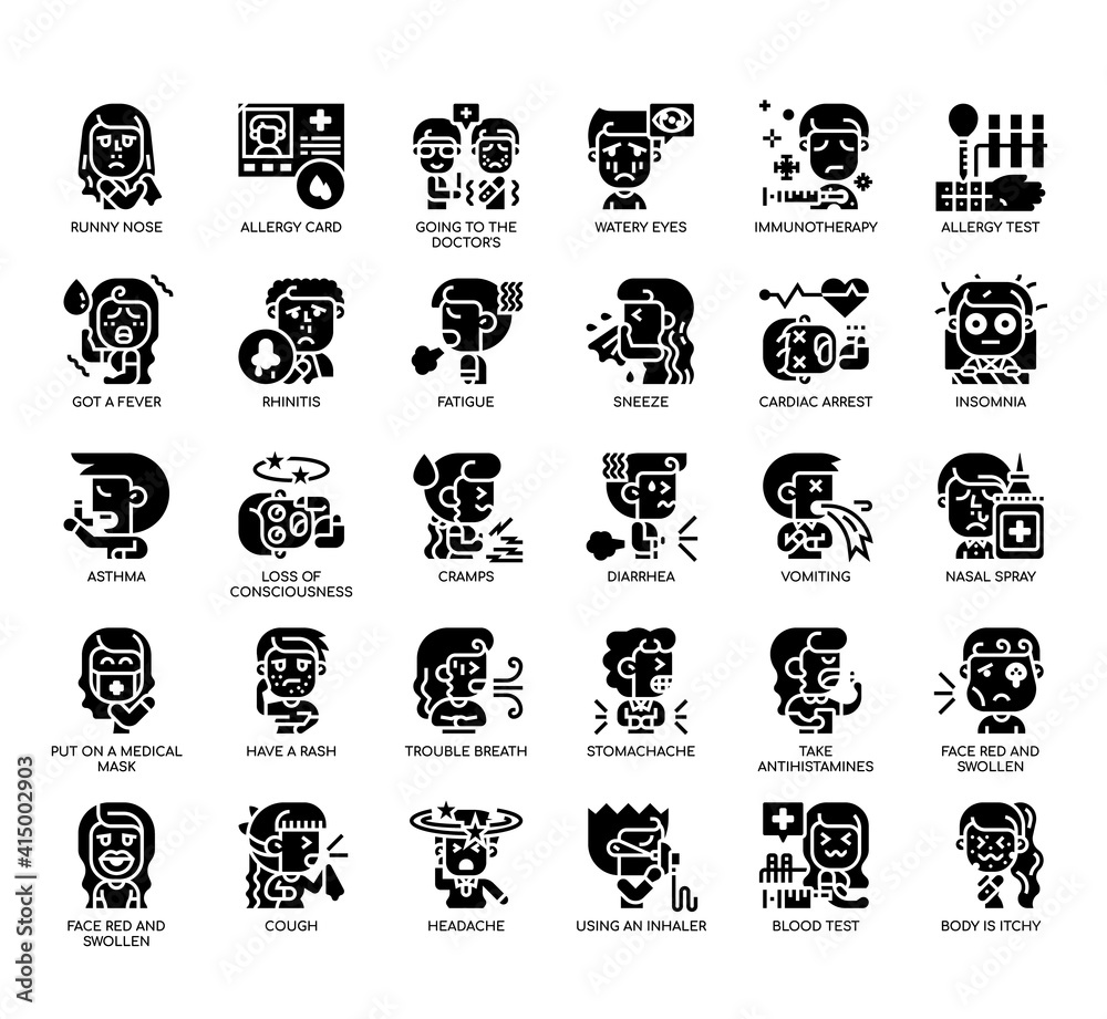 Set of Allergy Symptoms and Treatment thin line and pixel perfect icons for any web and app project. Set of Allergy Symptoms and Treatment thin line and pixel perfect icons for any web and app project.
