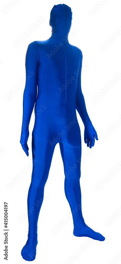 A man in a blue Morf or Morph suit. An all over piece of clothing. Morphsuit.  Stock Photo