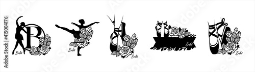 ballet ballerina girl or women illustration with floral rose flower decoration for paper craft monogram frame or tshirt sublimation