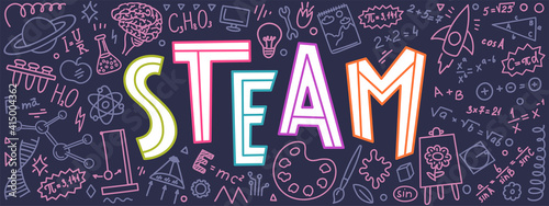 STEAM. Science, technology, engineering, art, mathematics. Education doodles and hand written word "STEAM"