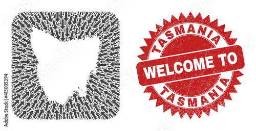 Vector collage Tasmania Island map of pointing arrows and grunge Welcome stamp. Collage geographic Tasmania Island map designed as stencil from rounded square shape with motion arrows.