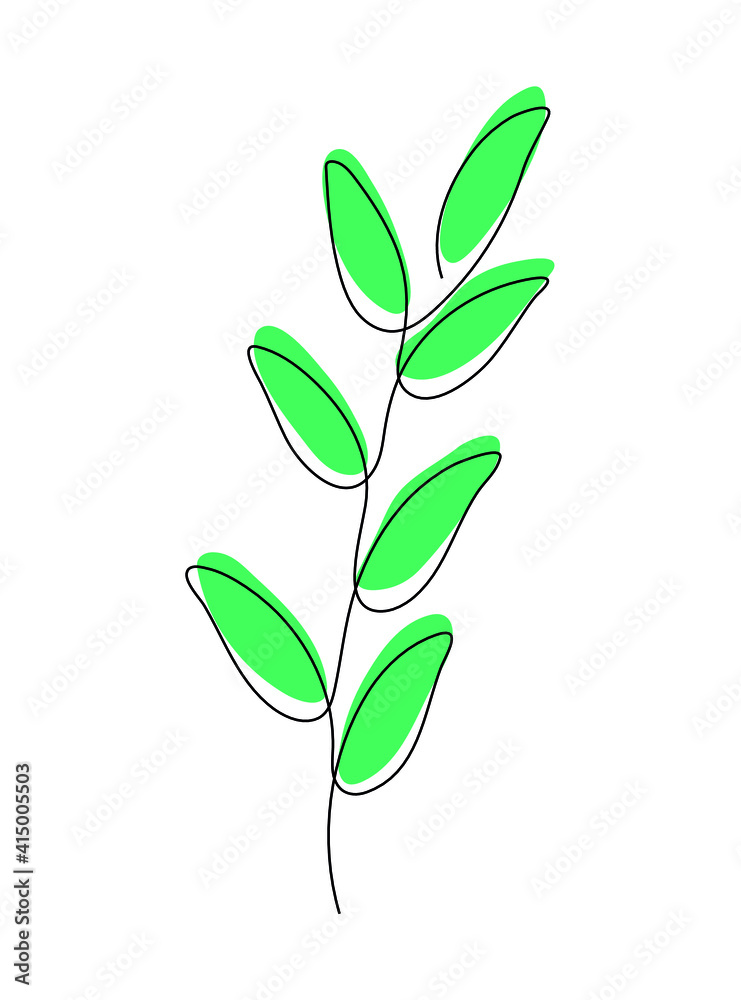 One simple green spring leaf grass. line art