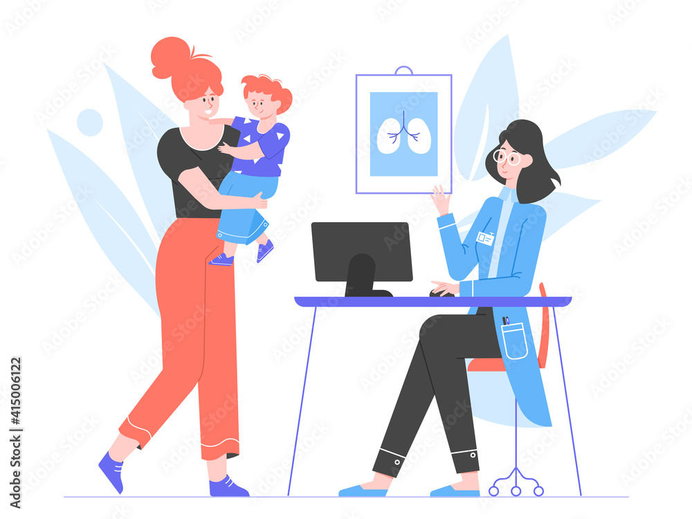 Mom and son at a doctor's appointment. Children's medicine, therapist. Medical clinic office. Helping a child with health. Vector flat illustration.