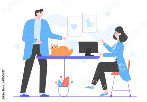 Fluffy pet patient at the veterinarian's appointment. A doctor and a nurse at work, treating a cute ginger cat. Vector flat illustration.