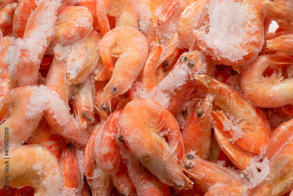 Fresh shrimps in ice. Top view.