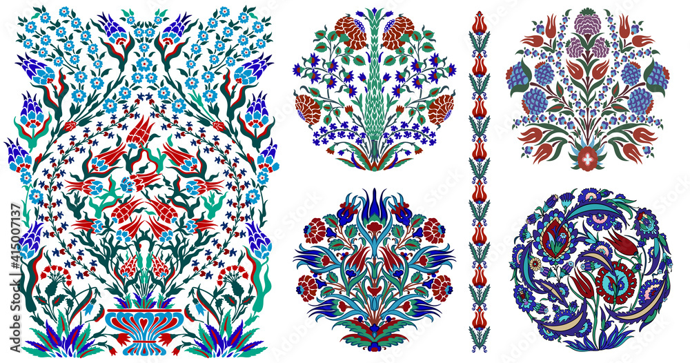 Set of Uzbek, Turk, Middle Asian and Arabian islamic vector decorative motifs and elements, damask ornate boho style vintage ornaments in deep blue, rend and green colors for custom print and design