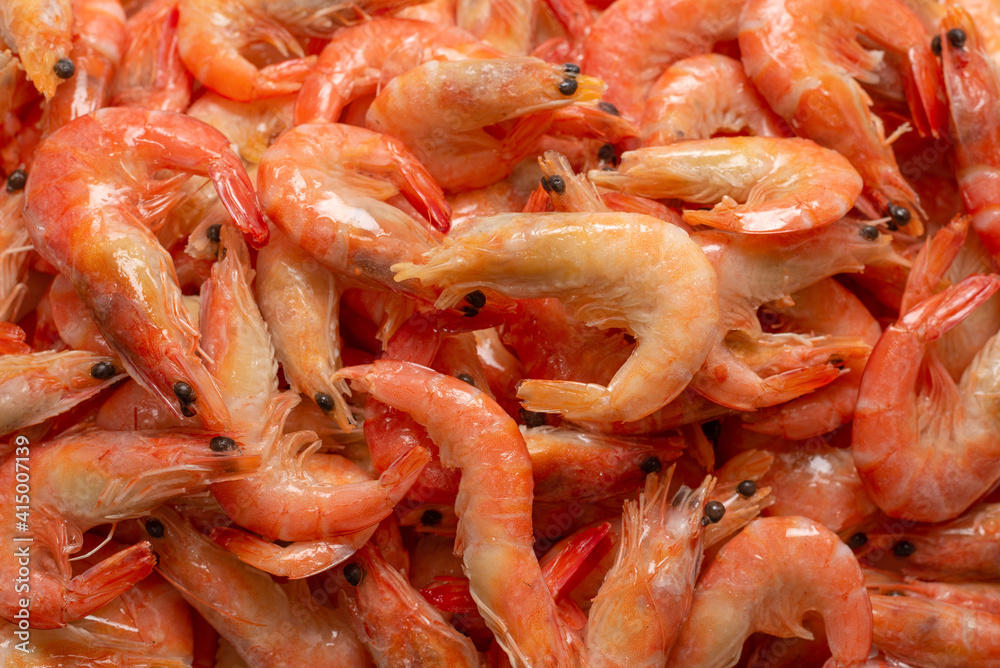 Shrimps background texture. A lot of shrimps. Cooked shrimps.