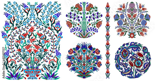 Set of Uzbek, Turk, Middle Asian and Arabian islamic vector decorative motifs and elements, damask ornate boho style vintage ornaments in deep blue, rend and green colors for custom print and design photo