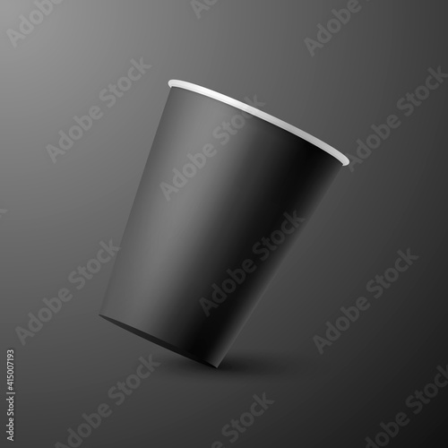 Vector 3d Realistic Paper Black Disposable Falling Coffee or Tea Cup Closeup Isolated on Black Background. Stock Vector Illustration. Design Template for Mockup. Front View
