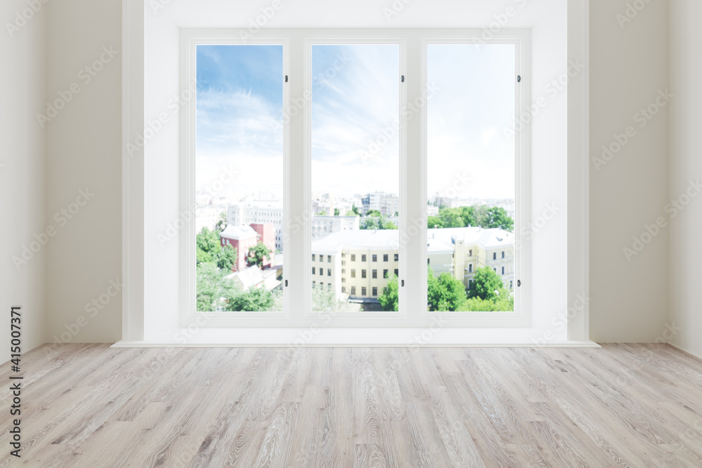 Fototapeta premium White empty room with summer landscape in window,3d render,