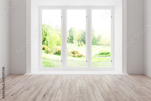 White empty room with summer landscape in window  3d render 