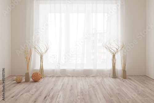 White empty room with summer landscape in window,3d render,