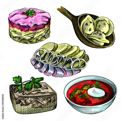 Colorfull watercolor sketch set of Russian cuisine. Board with dumplings and rolling pin, dumplings in plate, dumplings on spoon, Aspic, gelatin dish, borscht with sour cream, Smoked Herring and Potat