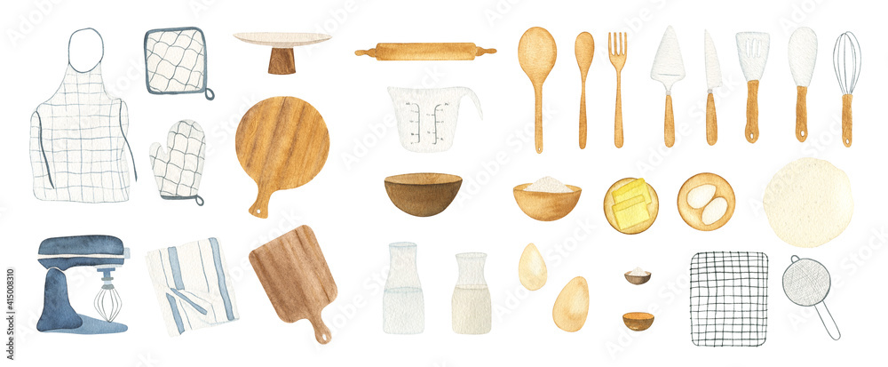 Watercolor baking supplies and baking ingredients collection. Hand drawn isolated design elements set for bakery logo, menu and other DIY projects.