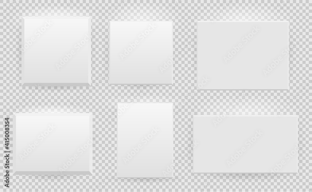 Set Presentation square restangle picture frame design with shadow on transparent background. 3D Board Banner on isolated clean blank wall. Vector illustration EPS10 for photo, image, text promotional Set Presentation square restangle picture frame design with shadow on transparent background. 3D Board Banner on isolated clean blank wall. Vector illustration EPS10 for photo, image, text promotional