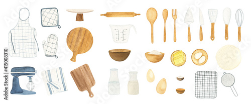 Watercolor baking supplies and baking ingredients collection. Hand drawn isolated design elements set for bakery logo, menu and other DIY projects.
