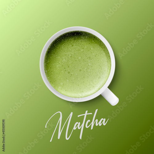Vector 3d Realistic Ceramic White Porcelain Ceramic Coffee Mug, Cup Closeup Isolated on Green Background. Green Milk Foam Matcha. Design Template. Top View