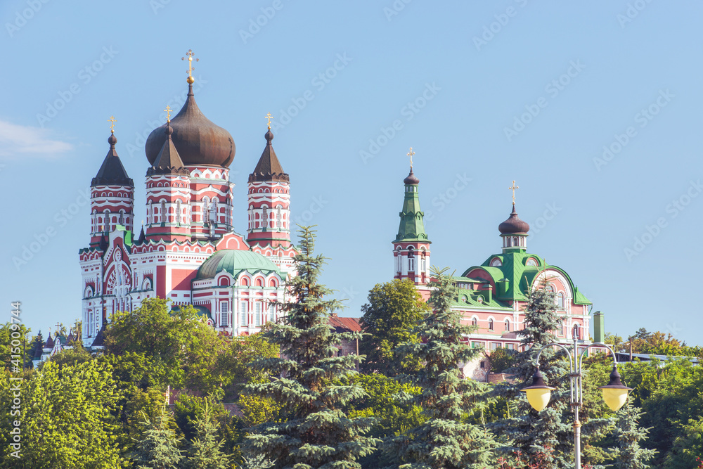 View of the church building. St. Panteleimon Cathedral - an Orthodox cathedral in the suburbs of Kiev Feofaniya. The main temple of the female St. Panteleimon Monastery.