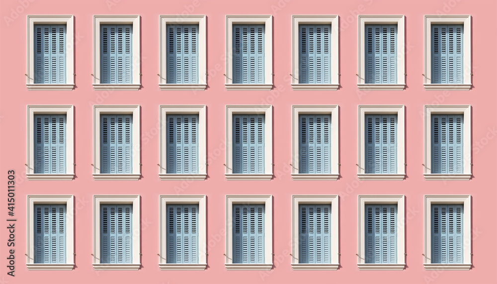 Old fashioned window wooden shutters, closed, on pastel pink color painted wall background.