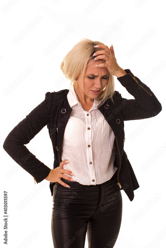 Girl suffering from headache and curling her face. Girl suffering from headache and curling her face.