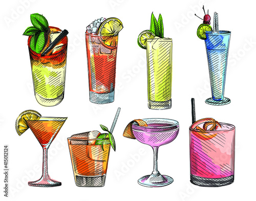 Colorful watercolor sketch set of cocktail drinks. Alcohol beverages. Cocktail drink in highball glass, champagne saucer, rocks glass, shot glass, zombie, balloon wine glass, martini 