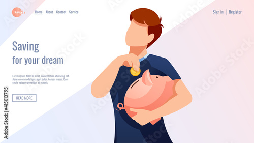 Web design. Man is putting coin in piggy bank. Bank, budget, finance, money savings concept. Vector illustration for flyer, poster, banner, advertising, website development. 