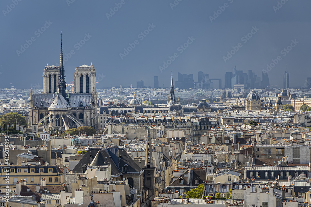 Paris Panorama with Cite Island and Cathedral Notre Dame de Paris on the background. France.
