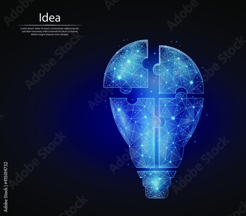 Abstract image light bulb, puzzle the form of a starry sky or space, consisting of points, lines, and shapes in the form of planets, stars. 3D Low poly vector. Idea in the form of a light bulb