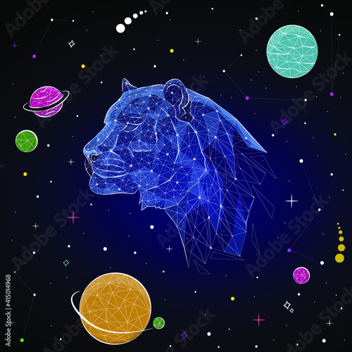 Abstract image the constellation of the tiger, consisting of points, lines, and shapes in the form of planets, stars and the universe. 3D Low poly vector. Tiger. Planets. Stars. Symbol of the year.