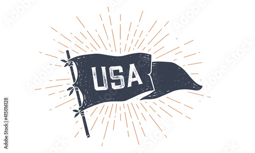 USA. Flag grahpic. Old vintage trendy flag with text USA for United States of America. Old school vintage banner, retro style, sunburst line graphic, United States or US flag. Vector Illustration