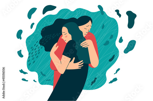 Friend or mother supports in stress or depression. Hugs as a way to support and show love and compassion. Mental health creative concept. Flat vector illustration.