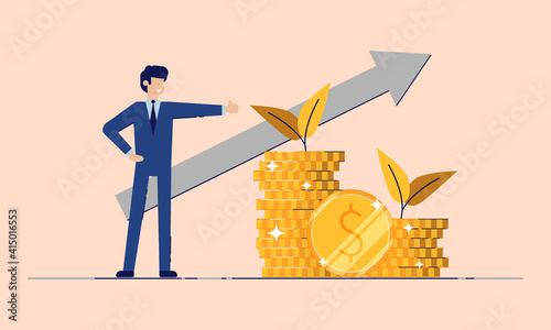 Trader investor or entrepreneur thumbs up on a stack of coins smiles friendly. Successful investor or entrepreneur. investment and savings. 