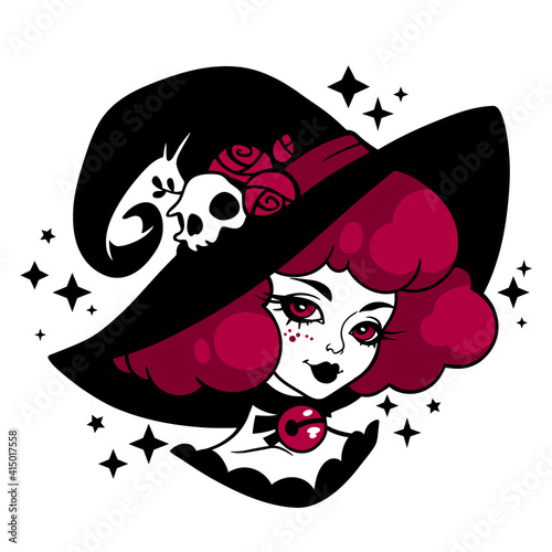 cute little witch with short hair in a hat