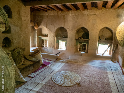 Interior view of a classic mud construction house in Bait Al Safah, Al Hamra, Sultanate of Oman photo