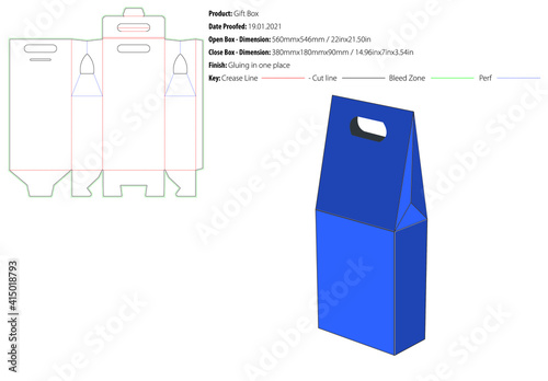 Gift box with handle on top packaging design template gluing die cut - vector