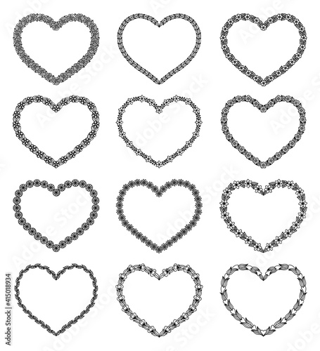 Set of vector floral hearts frames. Wreaths of leaves and flowers. Doodle style. For Valentine s and Mother s Day  Wedding Celebration. Paper cut template  black silhouettes. Isolated on white.